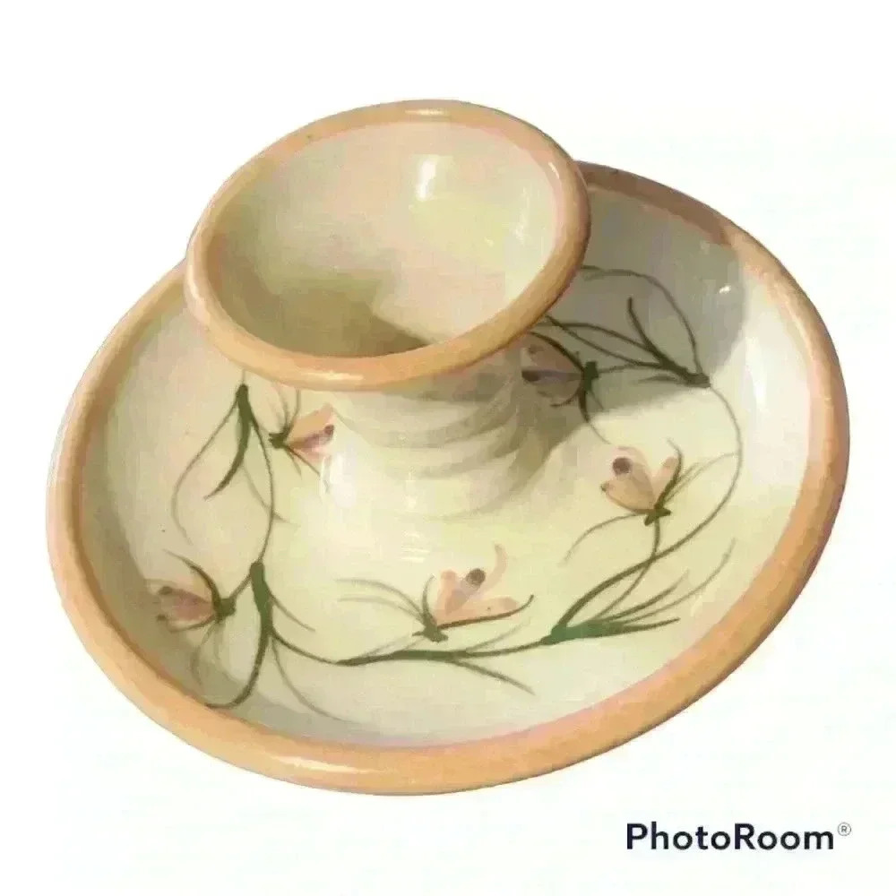 Peach Floral Ceramic Pottery Single Candle Holder Plate Signed.